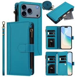 UUCOVER - Wallet Case for Apple iPhone 17 Pro Max with Zipper Pocket, Cash Card Slots, Wrist and Shoulder Strap, Flip Stand Cover - Blue