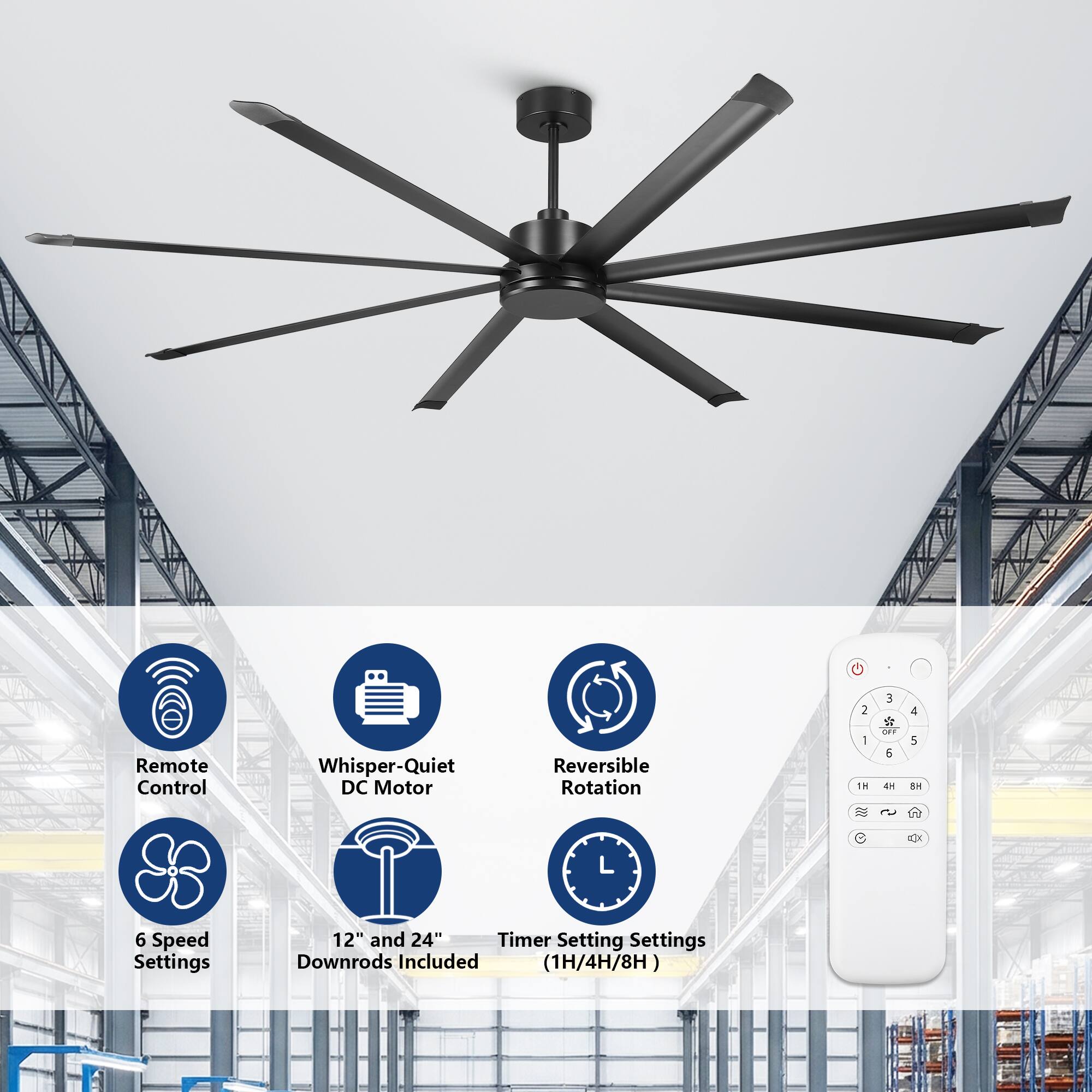 4 Remote Control Whisper-Quiet DC Motor Reversible Rotation 2 - 1H 3 3 15 TMT 6 EN 4 5 .. P 6 Speed Settings 12" and 24" Timer Setting Settings Downrods Included (1H/4H/8H)