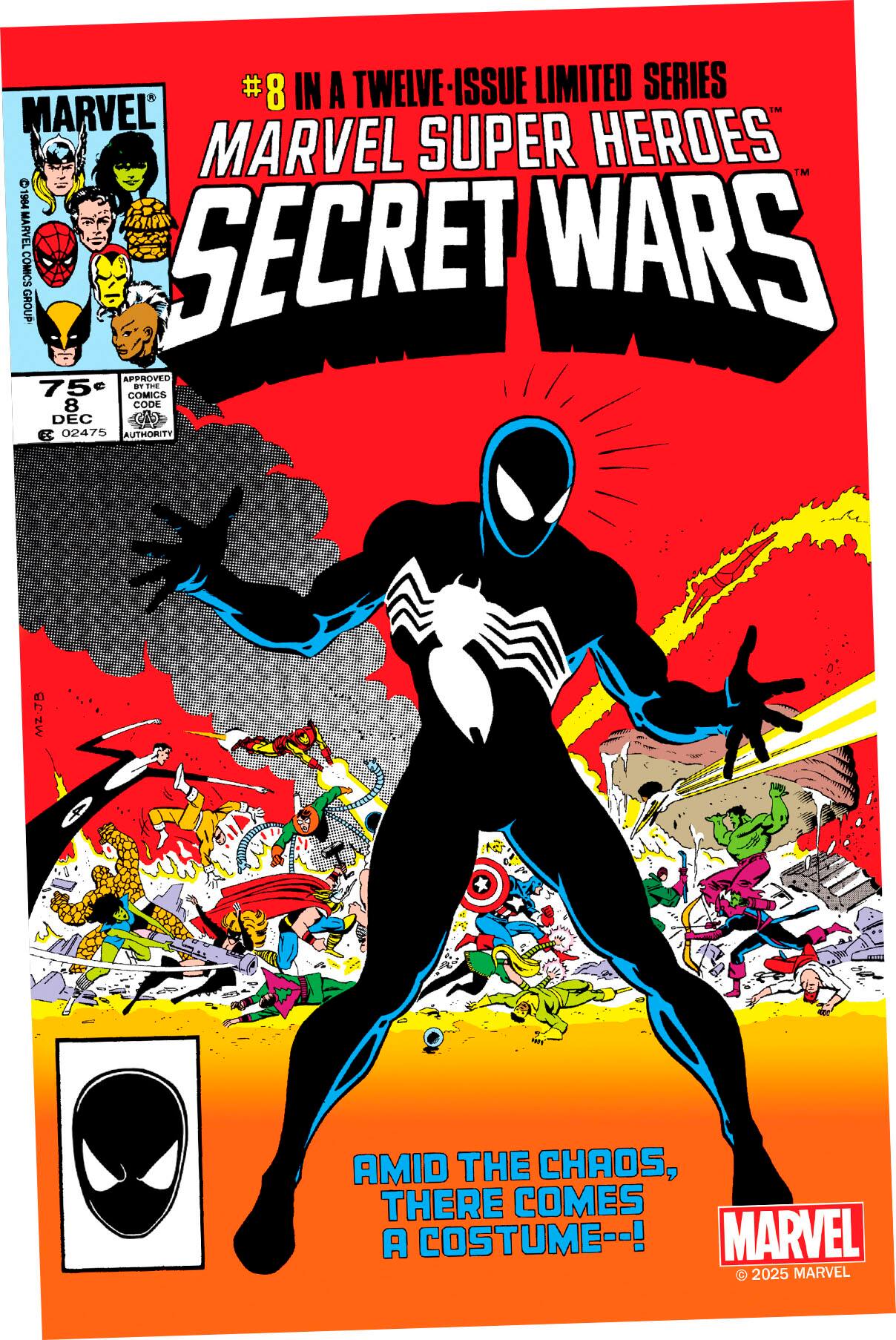 Marvel Super Heroes Secret Wars #8 in a twelve-issue limited series. Approved by the Comics Code Authority. Amid the chaos, there comes a costume--! Marvel Comics 2025.