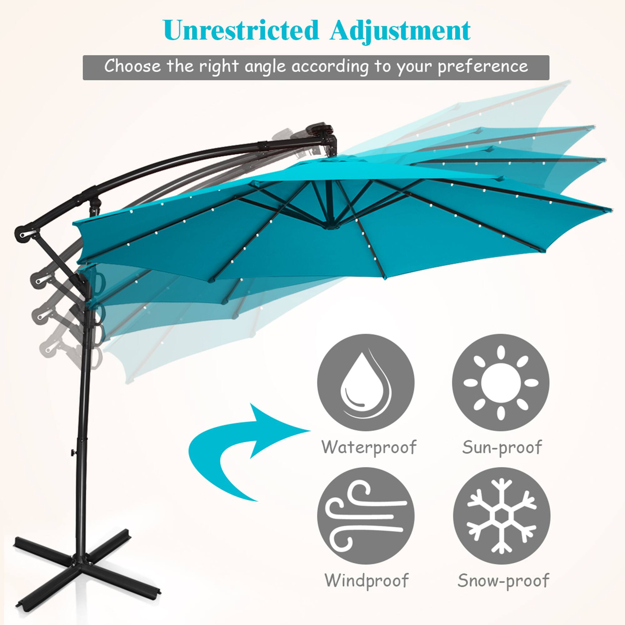 Unrestricted Adjustment, Choose the right angle according to your preference, Waterproof, Sun-proof, Windproof, Snow-proof