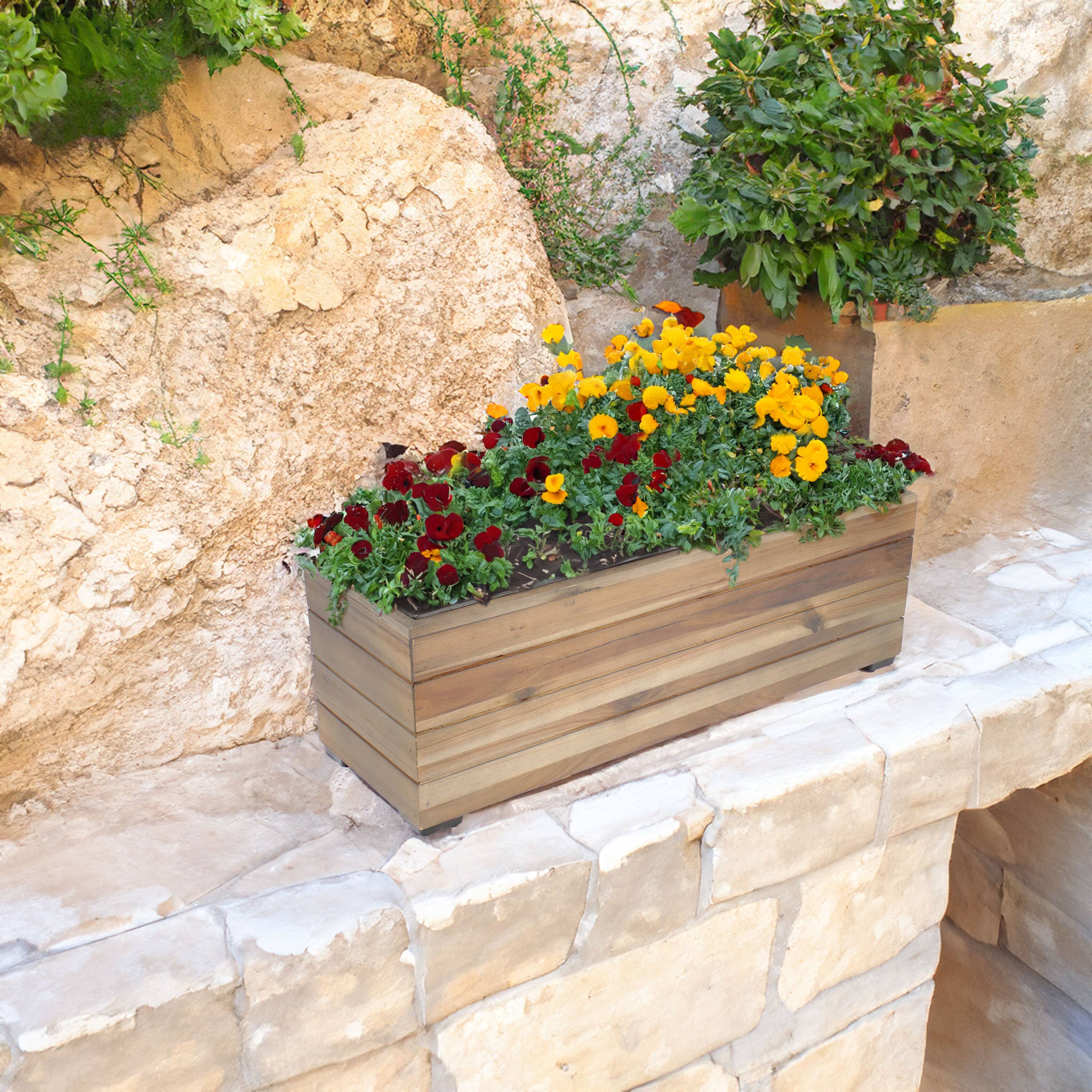Alt View 1. Sunnydaze - 24.25 in Rectangle Wood Planter Box with Liner - Anthracite Stain.