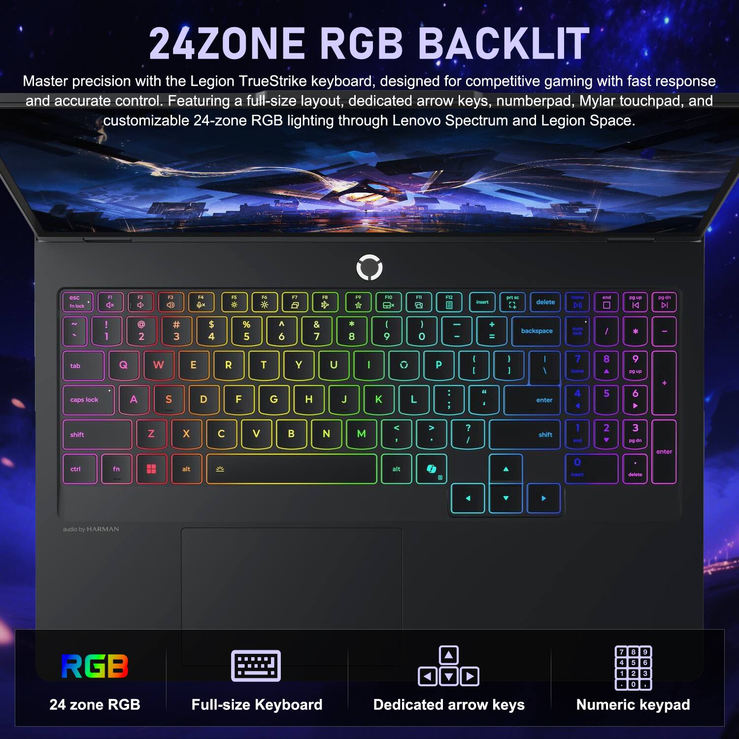 24ZONE RGB BACKLIT

Master precision with the Legion TrueStrike keyboard, designed for competitive gaming with fast response and accurate control. Featuring a full-size layout, dedicated arrow keys, numberpad, Mylar touchpad, and customizable 24-zone RGB lighting through Lenovo Spectrum and Legion Space.

- 24 zone RGB
- Full-size Keyboard
- Dedicated arrow keys
- Numeric keypad