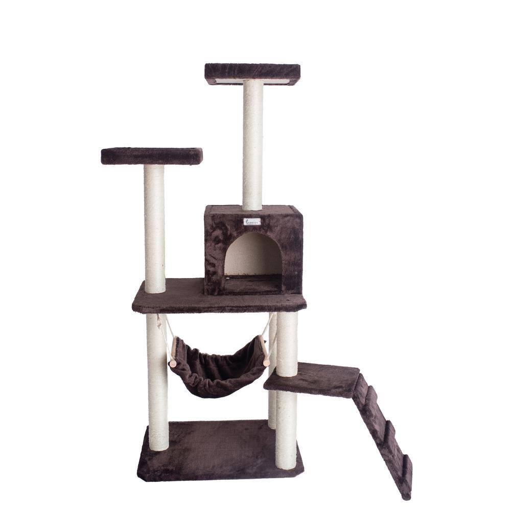 Angle. Armarkat - 57Inch Real Wood Cat Tree In Coffee Brown With Four Levels Ramp - Brown.