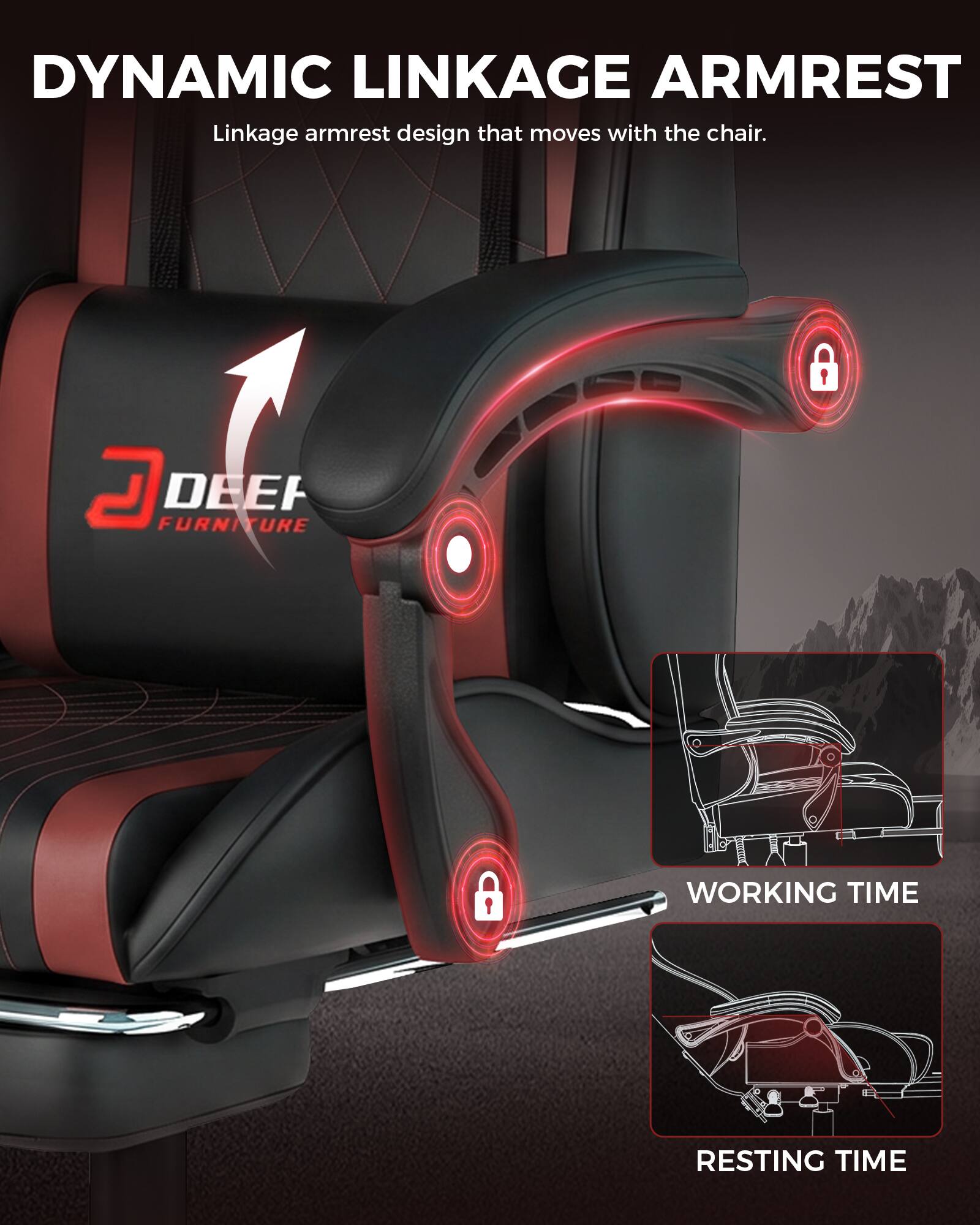 DYNAMIC LINKAGE ARMREST  
Linkage armrest design that moves with the chair.  

I  
D FURNITURE DEEF  

WORKING TIME  
RESTING TIME