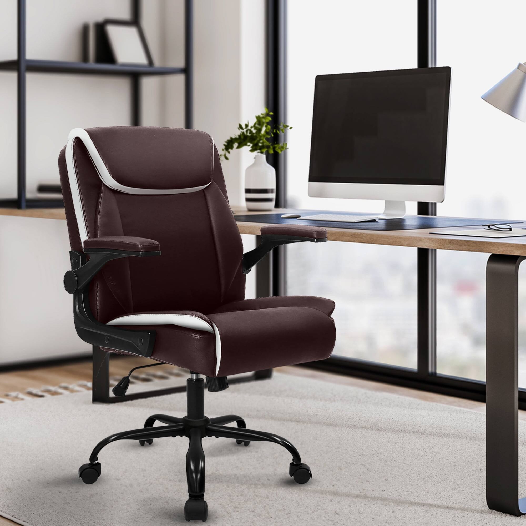 Alt View 6. Neo Chair - Desk Office Gaming Chair Ergonomic Executive Mid-Back Leather Padded Flip-Up Armrests Cushion Wheels Home Office - 1. Brown.