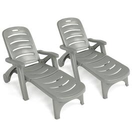 Costway - 2 PCS Folding Chaise Lounge Chair 5-Position Adjustable Recliner - Gray