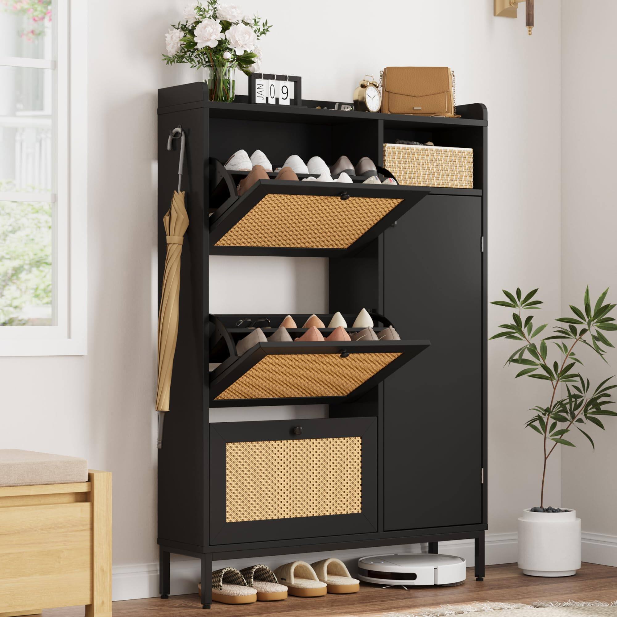 Acekool - Rattan Shoe Storage Cabinet with 3 Flip Drawers, Freestanding Organizer with Adjustable Shelves for Entryway - Black