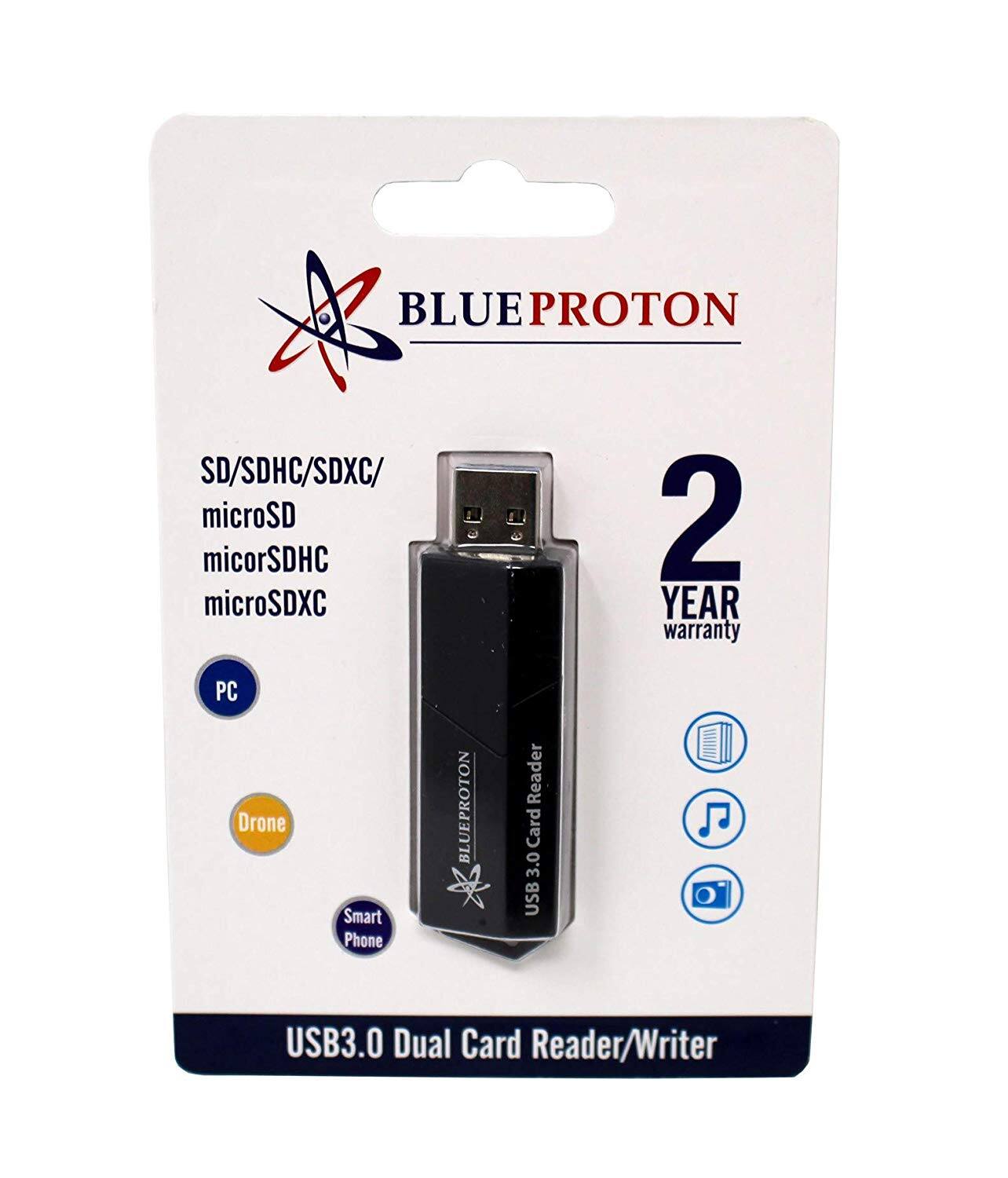 BLUEPROTON  
SD/SDHC/SDXC/ microSD micorSDHC microSDXC PC Drone Smart Phone  
BLUEPROTON  
Reader Card 3.0 USB  
2 YEAR warranty  
USB3.0 Dual Card Reader/Writer