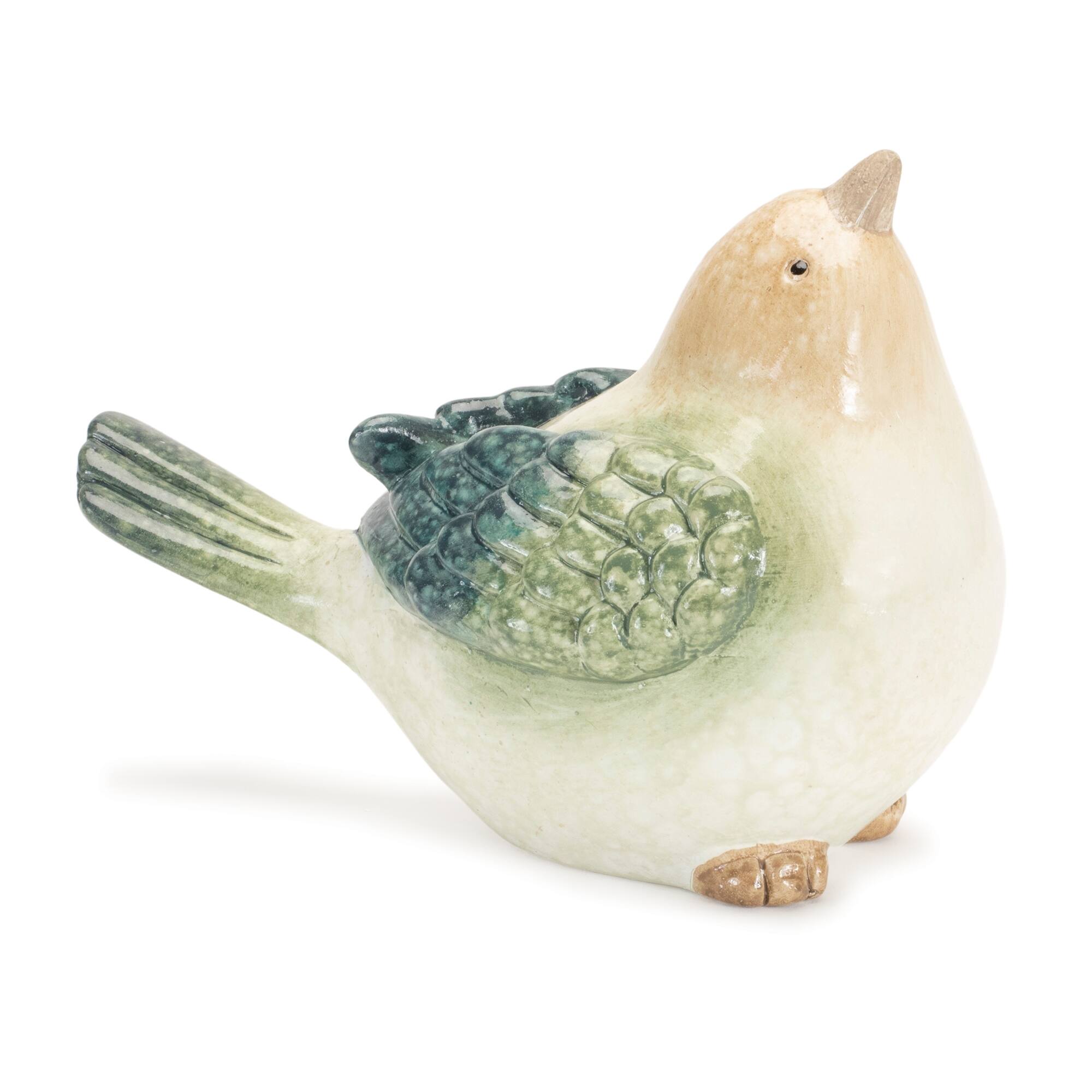 Angle. BreeBe - Terra Cotta Bird Figurine (Set of 4) - Beige, Blue, Green.