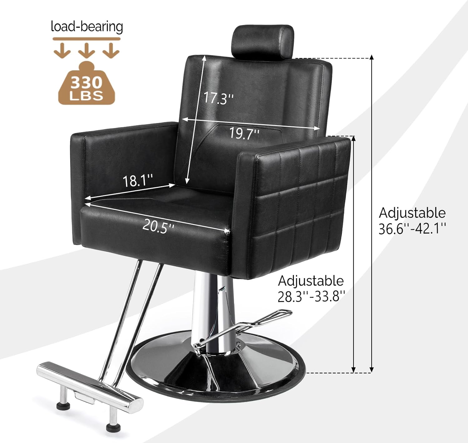 load-bearing 330 LBS  
17.3" 19.7" 18.1" 20.5"  
Adjustable 36.6"-42.1"  
Adjustable 28.3"-33.8"