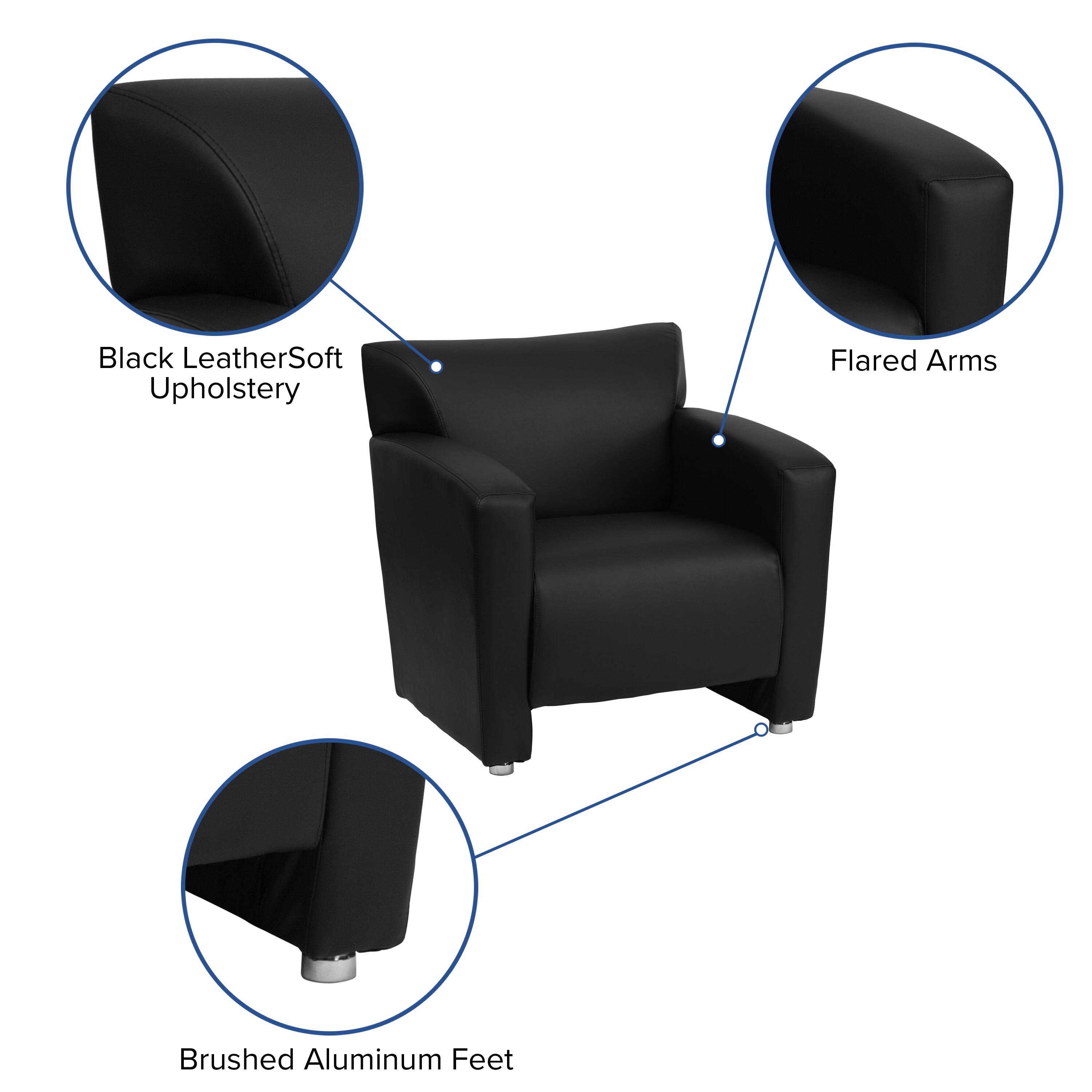 Black Leather Soft Upholstery  
Flared Arms  
Brushed Aluminum Feet