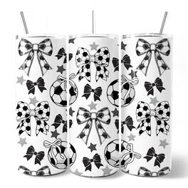 OrnamentallyYou - Coquette Black and White Soccer Bow 20oz Tumbler With Lid and Stainless Steel Straw - Multicolored