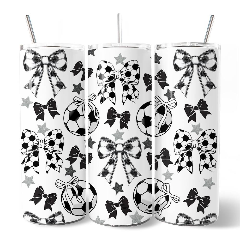 Front. OrnamentallyYou - Coquette Black and White Soccer Bow 20oz Tumbler With Lid and Stainless Steel Straw - Multicolored.