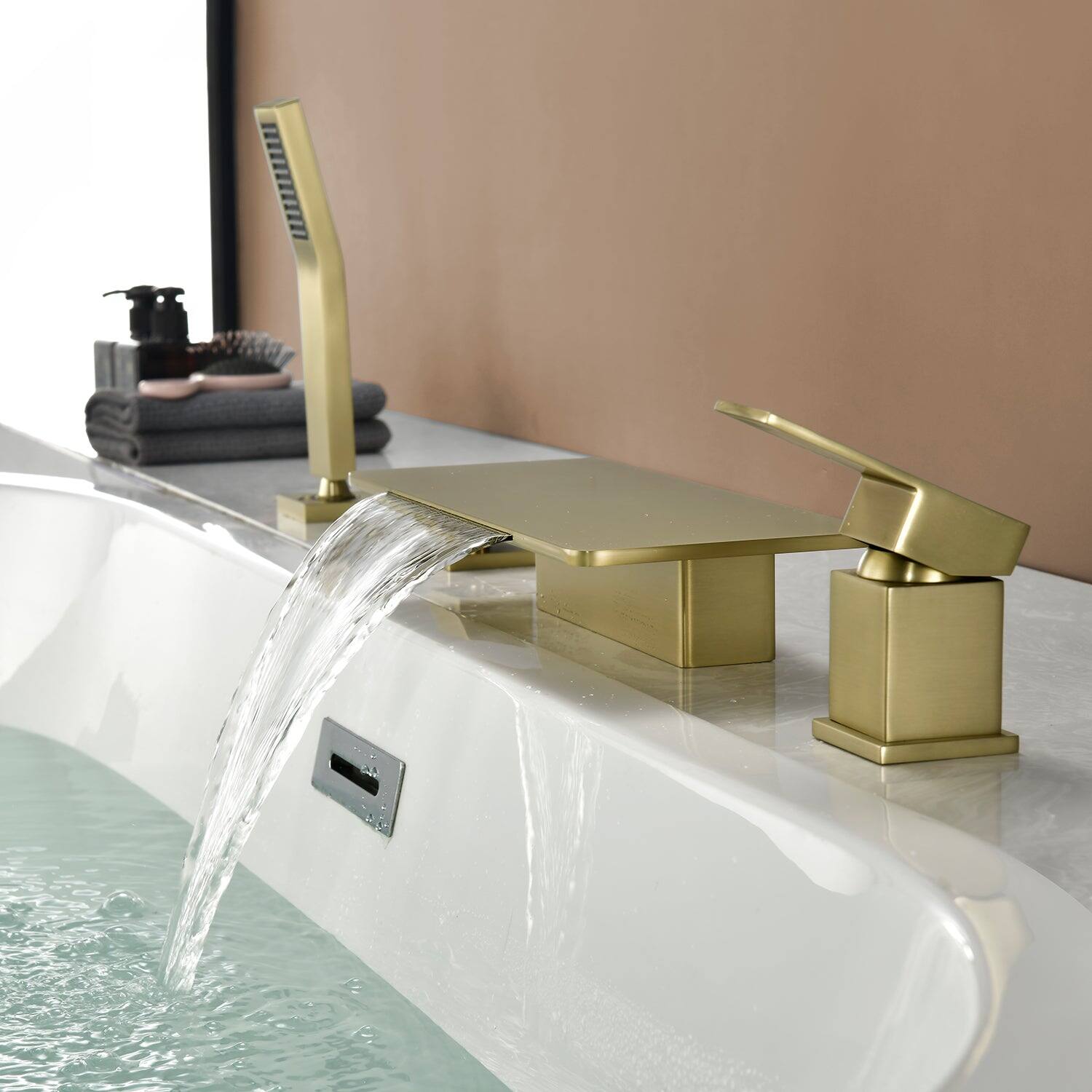 Alt View 9. Boyel Living - 11.2 in.W Brushed Gold Rectangle Bathtub Faucet Hot Cold Control Waterfall Spout Handheld Shower High Capacity - Brushed Gold.