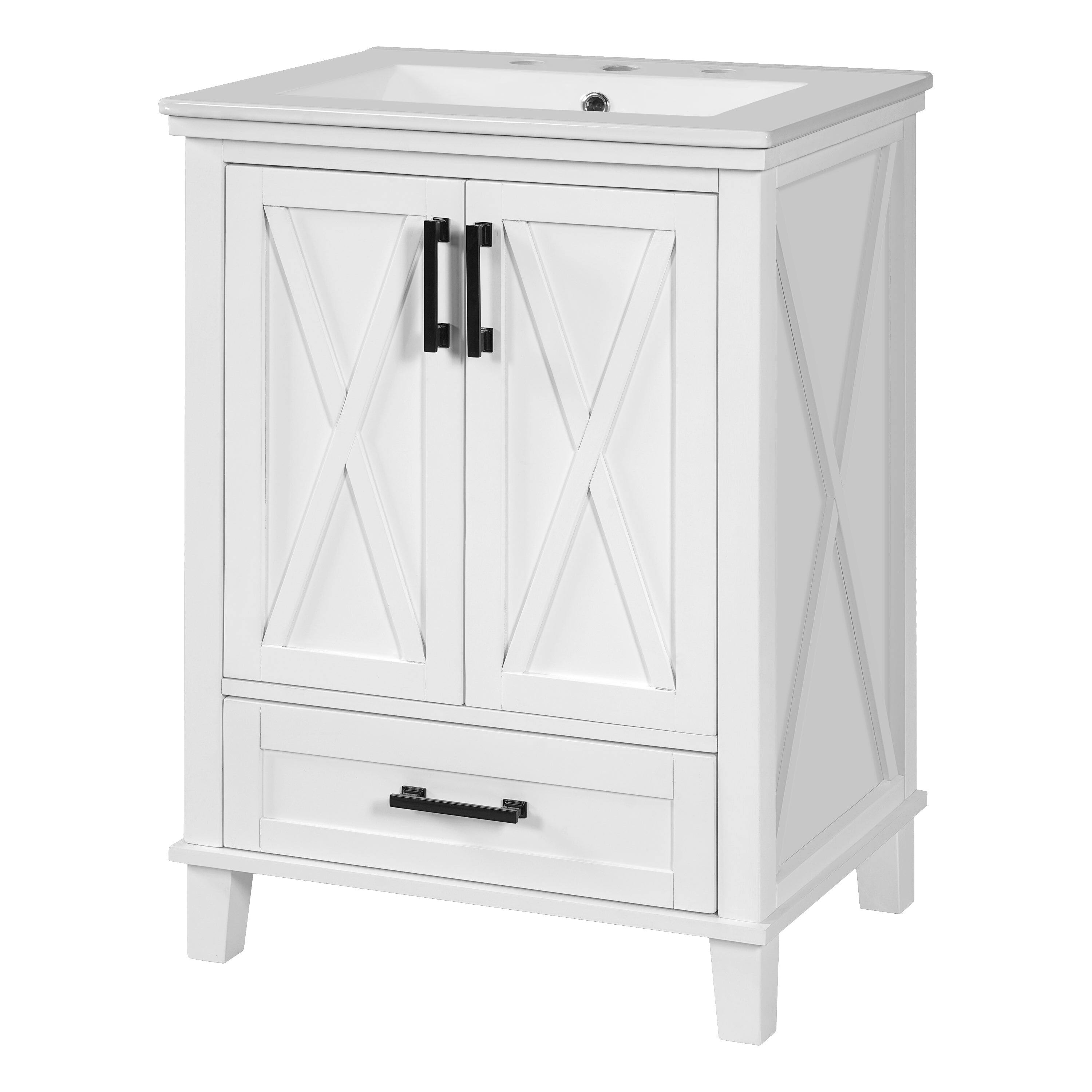 Left. Boyel Living - 24 Inch White Bathroom Vanity with Ceramic Sink, 2 Soft Close Doors, 1 Divided Drawer, Dual Door Shelves - White.