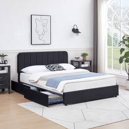 Vecelo - Queen Size Storage Bed Frame with 4 Drawers - Velvet Upholstered, Adjustable Headboard, 800lb Capacity, Noise Free - Black