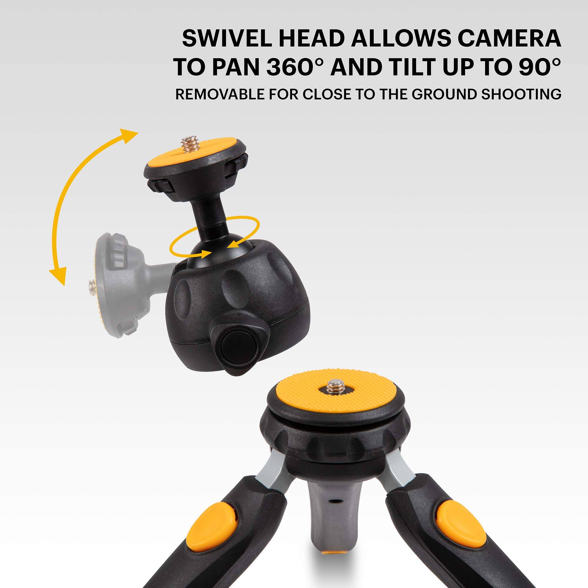 SWIVEL HEAD ALLOWS CAMERA TO PAN 360° AND TILT UP TO 90° REMOVABLE FOR CLOSE TO THE GROUND SHOOTING