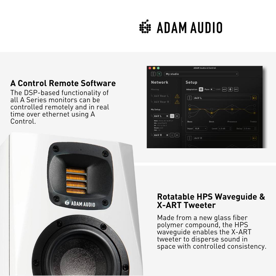 ADAM AUDIO

A Control Remote Software  
The DSP-based functionality of all A Series monitors can be controlled remotely and in real time over ethernet using A Control.

Rotatable HPS Waveguide & X-ART Tweeter  
Made from a new glass fiber polymer compound, the HPS waveguide enables the X-ART tweeter to disperse sound in space with controlled consistency.