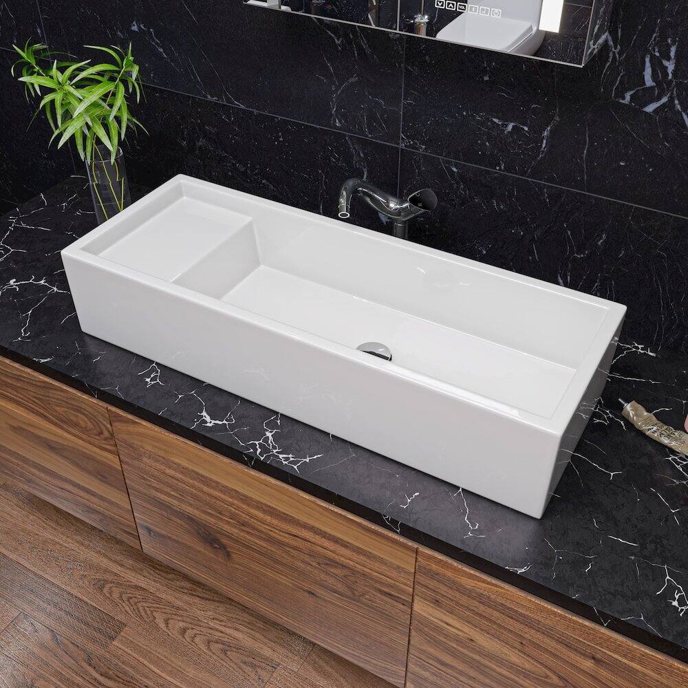 Angle. Alfi - 39" White Above Mount Fireclay Bathroom Trough Sink - White.
