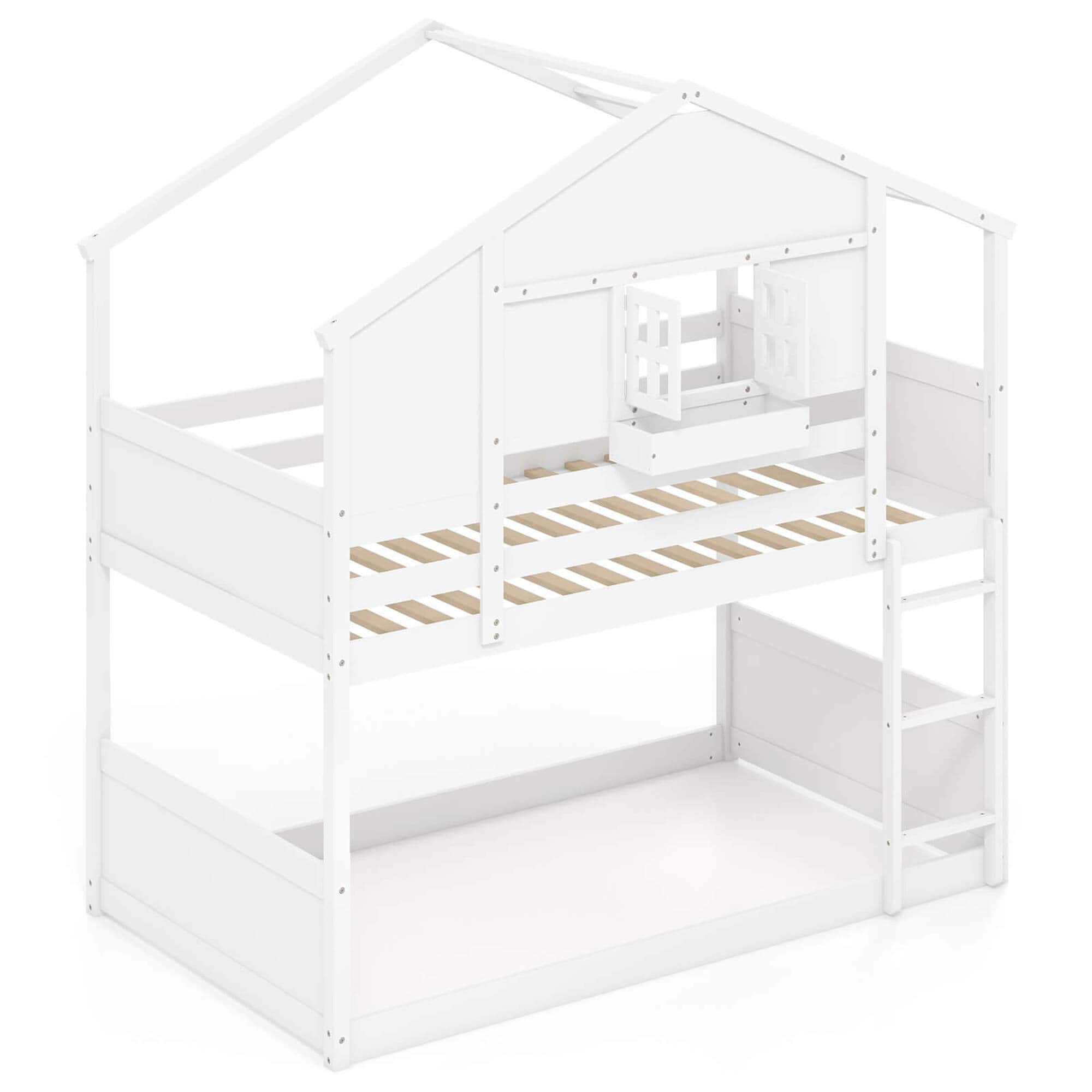 Costway - Twin Over Twin Bunk Bed for Kids with Roof Lockable Window Storage Box Wood Slats - White