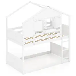 Costway - Twin Over Twin Bunk Bed for Kids with Roof Lockable Window Storage Box Wood Slats - White