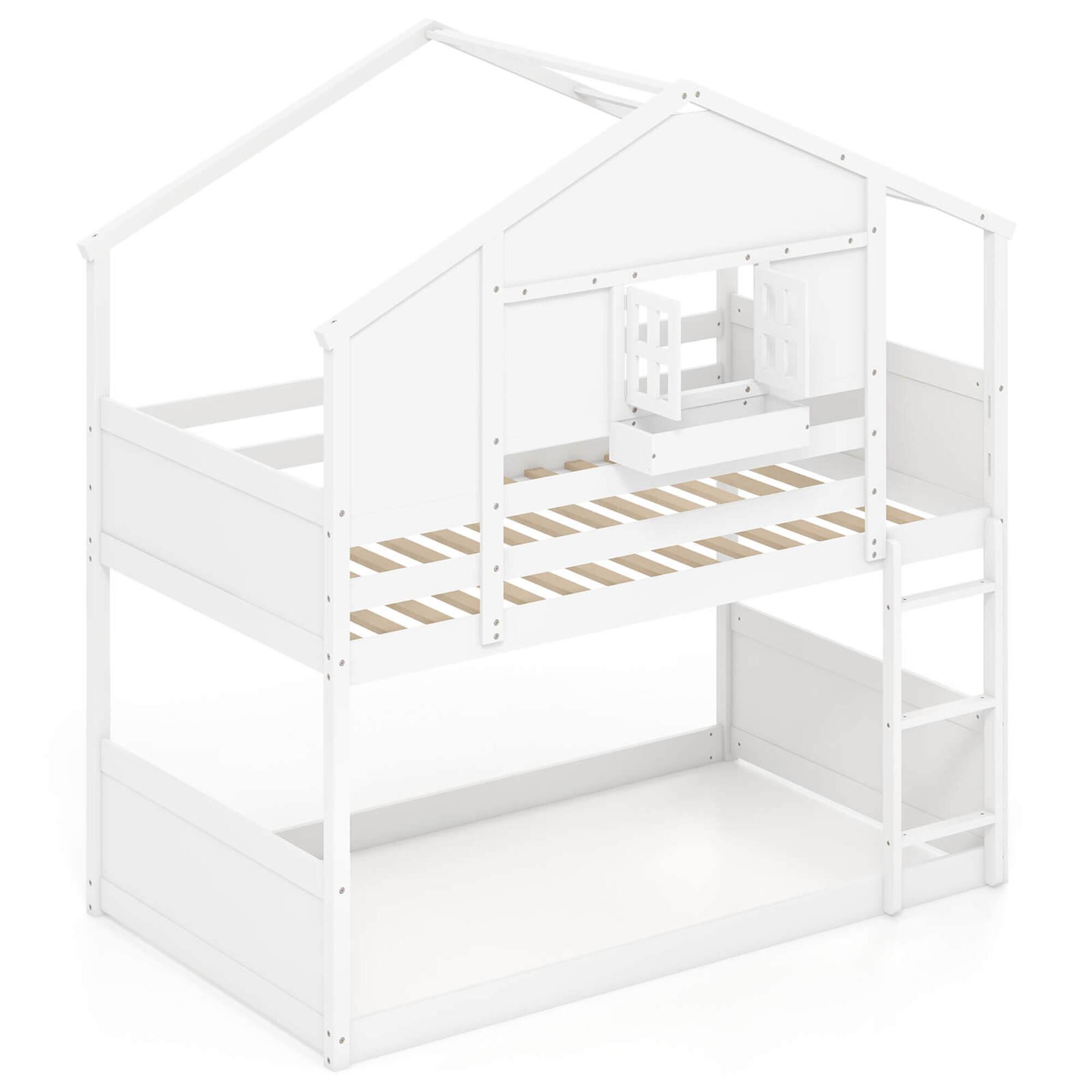 Front. Costway - Costway Twin Over Twin Bunk Bed for Kids with Roof Lockable Window Storage Box Wood Slats - White.