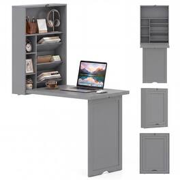 Costway - Wall Mounted Computer Convertible Desk with Bookcases - Gray