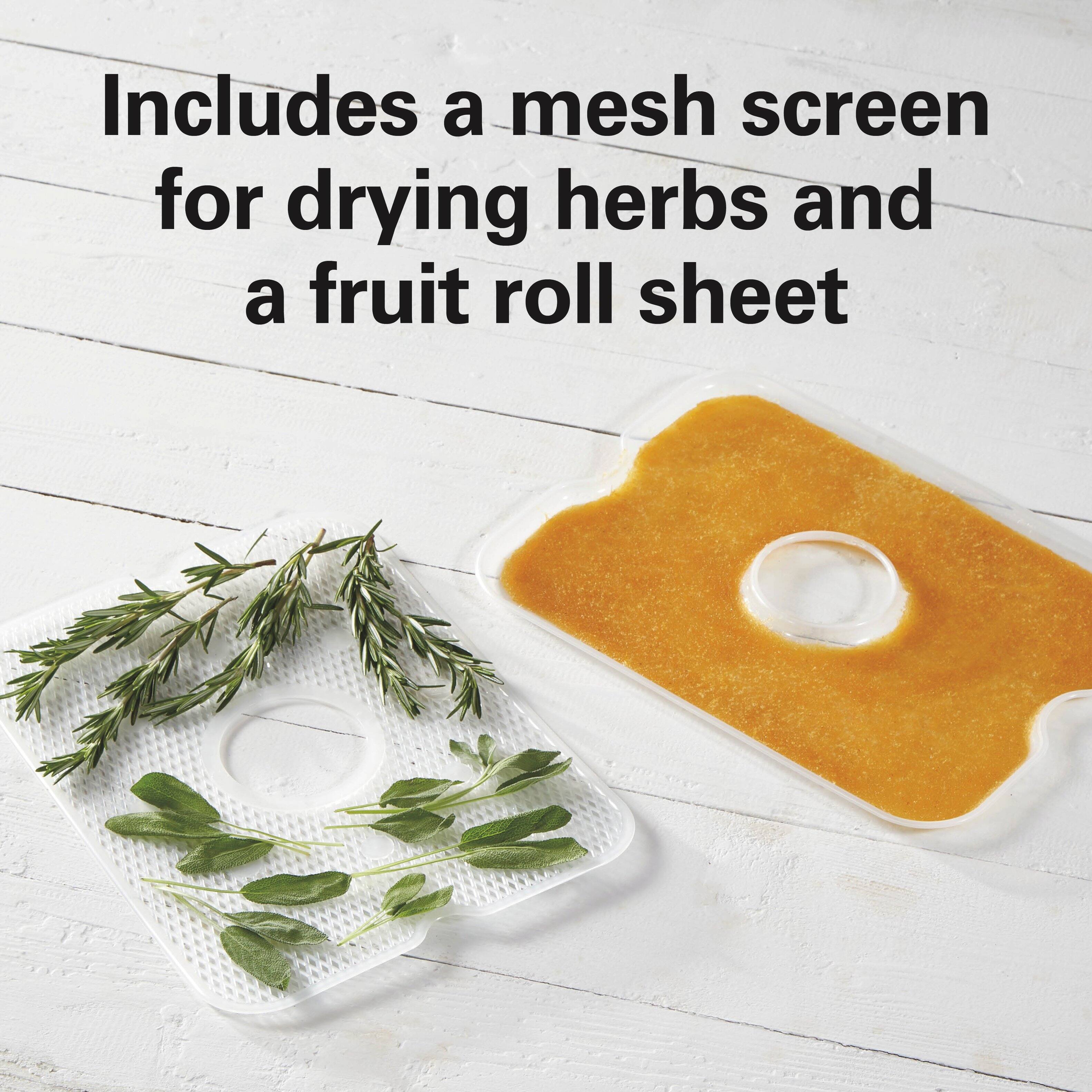 Includes a mesh screen for drying herbs and a fruit roll sheet