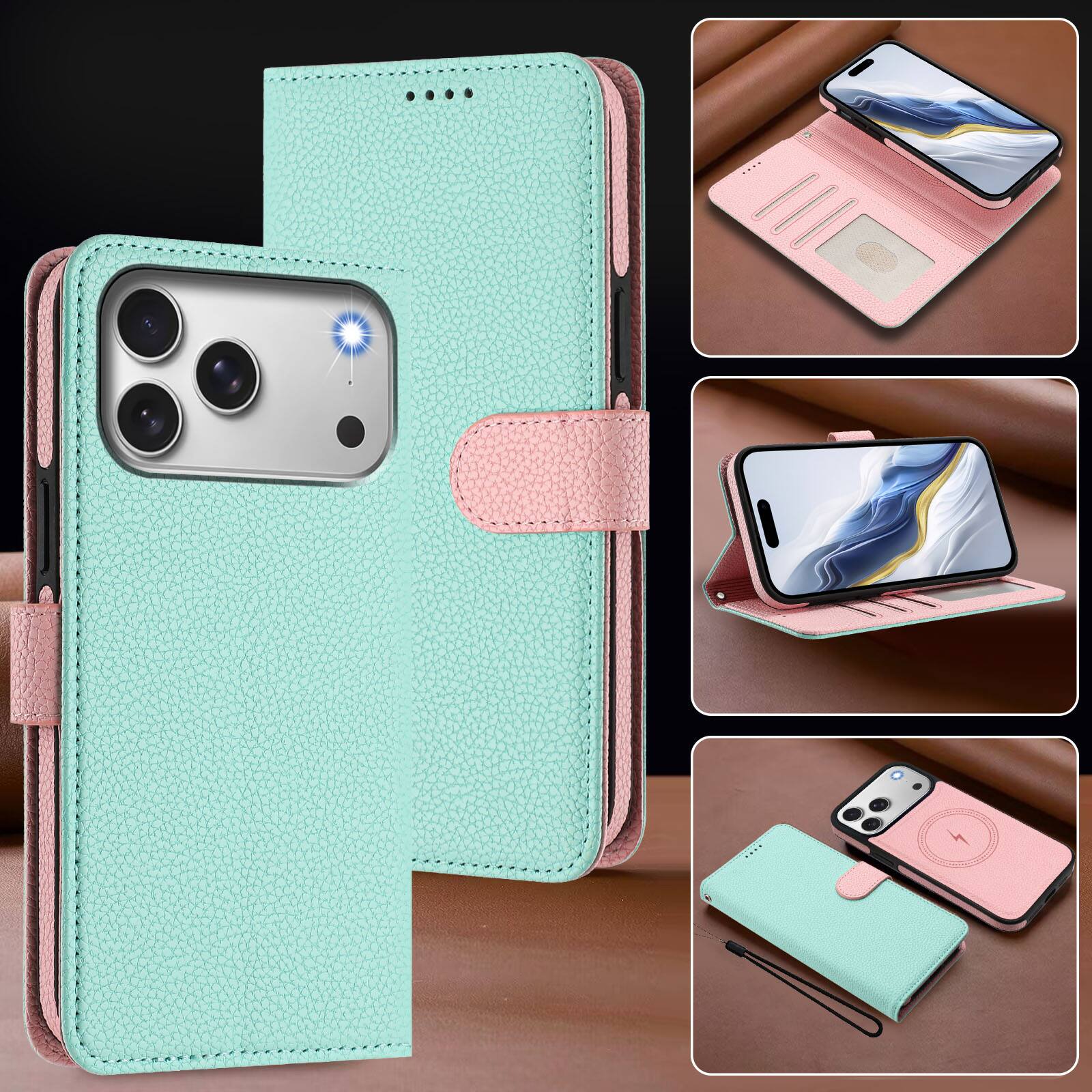 Alt View 3. Dteck - for Apple iPhone 17 Pro Max Magnetic Detachable Wallet Case,2-in-1 Folio Cover with Card Slots Wrist Strap & Kickstand - Mint.