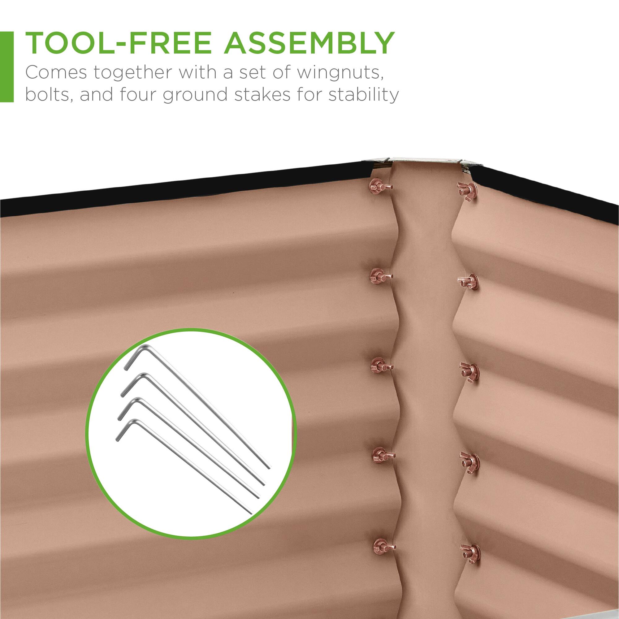 TOOL-FREE ASSEMBLY  
Comes together with a set of wingnuts, bolts, and four ground stakes for stability