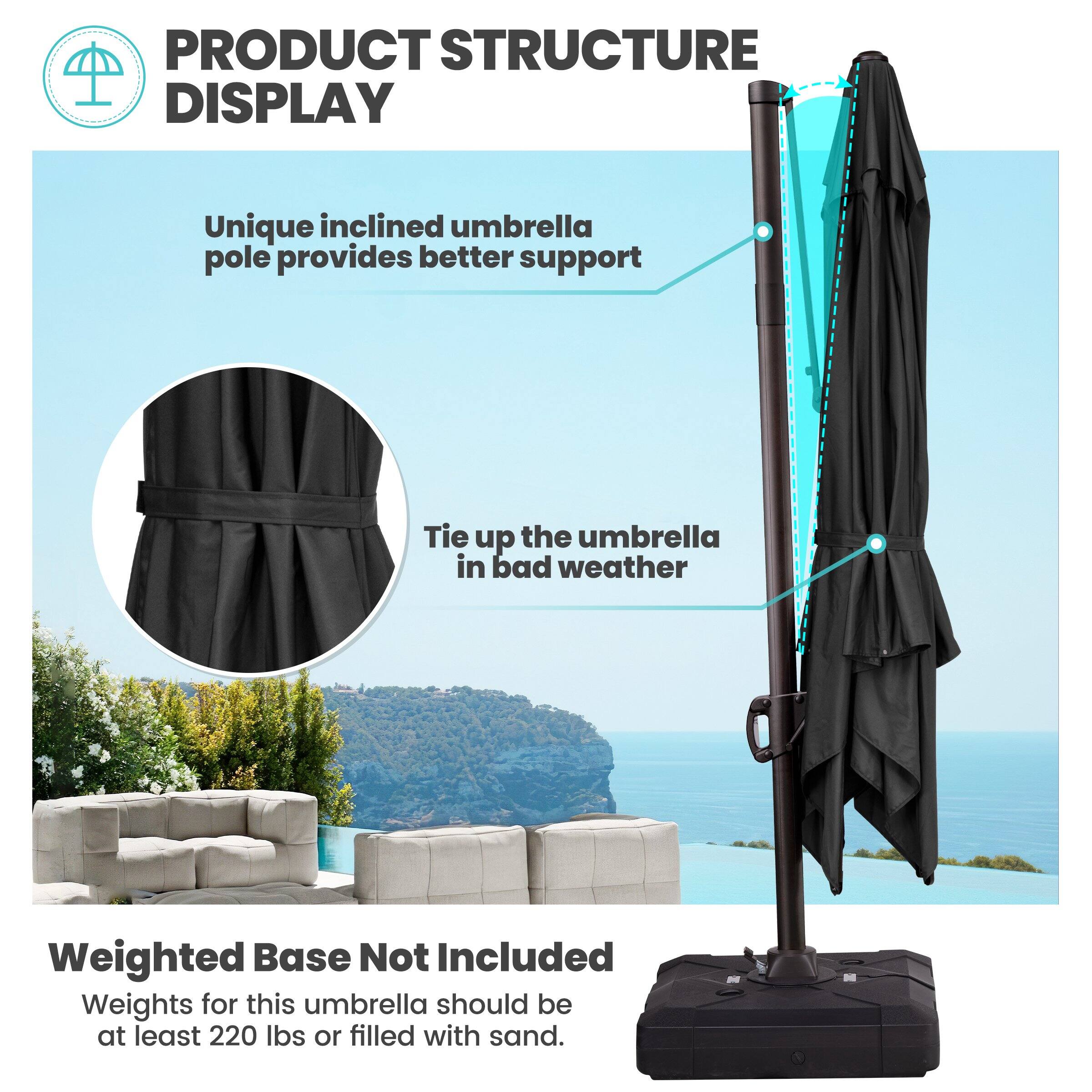 PRODUCT STRUCTURE DISPLAY

Unique inclined umbrella pole provides better support

Tie up the umbrella in bad weather

Weighted Base Not Included

Weights for this umbrella should be at least 220 lbs or filled with sand.