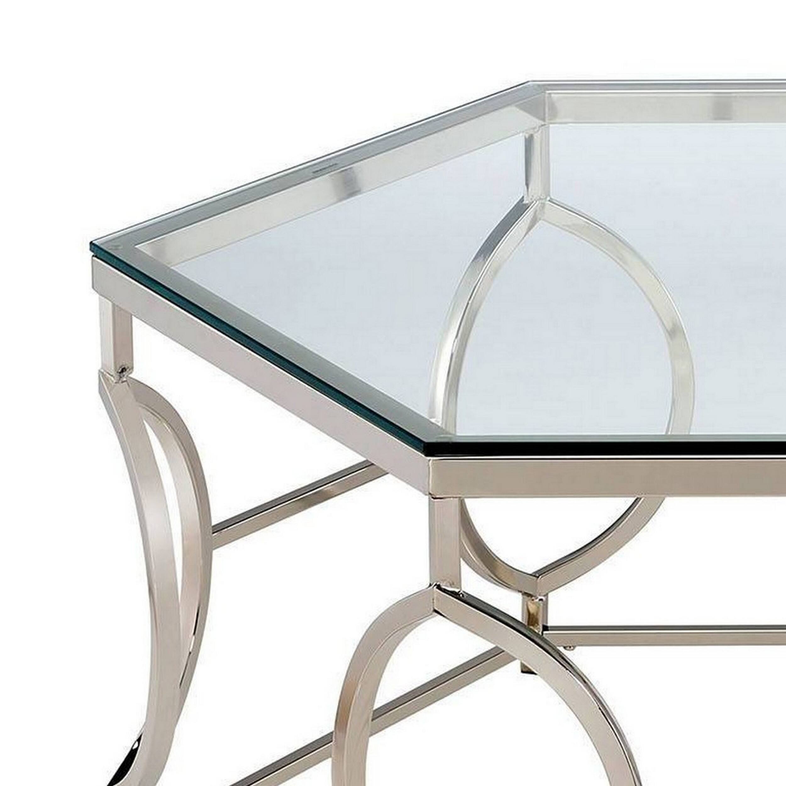 Alt View 1. Manhattan Lane - Slade 40 Inch Coffee Table, Hexagonal Glass Top, Geometric Base, Chrome - Chrome.