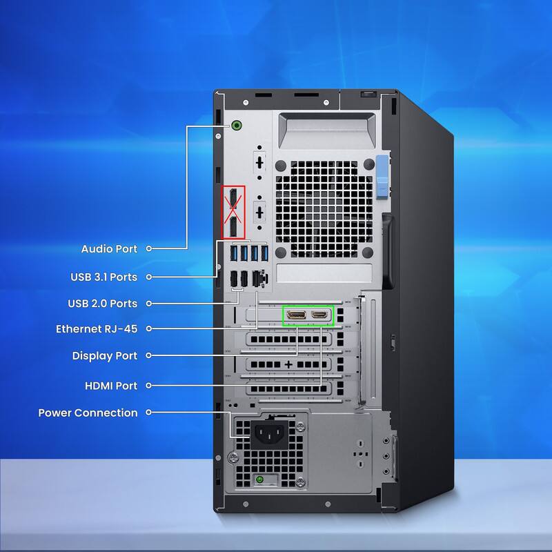 - Audio Port
- USB 3.1 Ports
- USB 2.0 Ports
- Ethernet RJ-45
- Display Port
- HDMI Port
- Power Connection