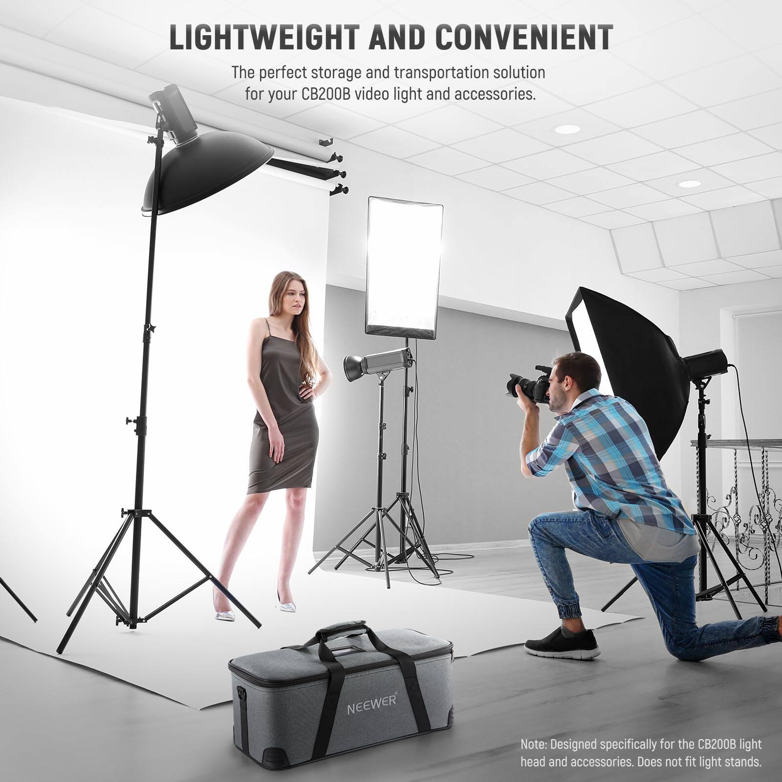 LIGHTWEIGHT AND CONVENIENT  
The perfect storage and transportation solution for your CB200B video light and accessories.  

NEEWER  

Note: Designed specifically for the CB200B light head and accessories. Does not fit light stands.