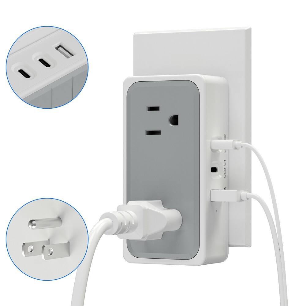 Alt View 3. Cluzine - Multi-Outlet Wall Outlet Power Strip with USB-C & Surge Lightning Protection - White.