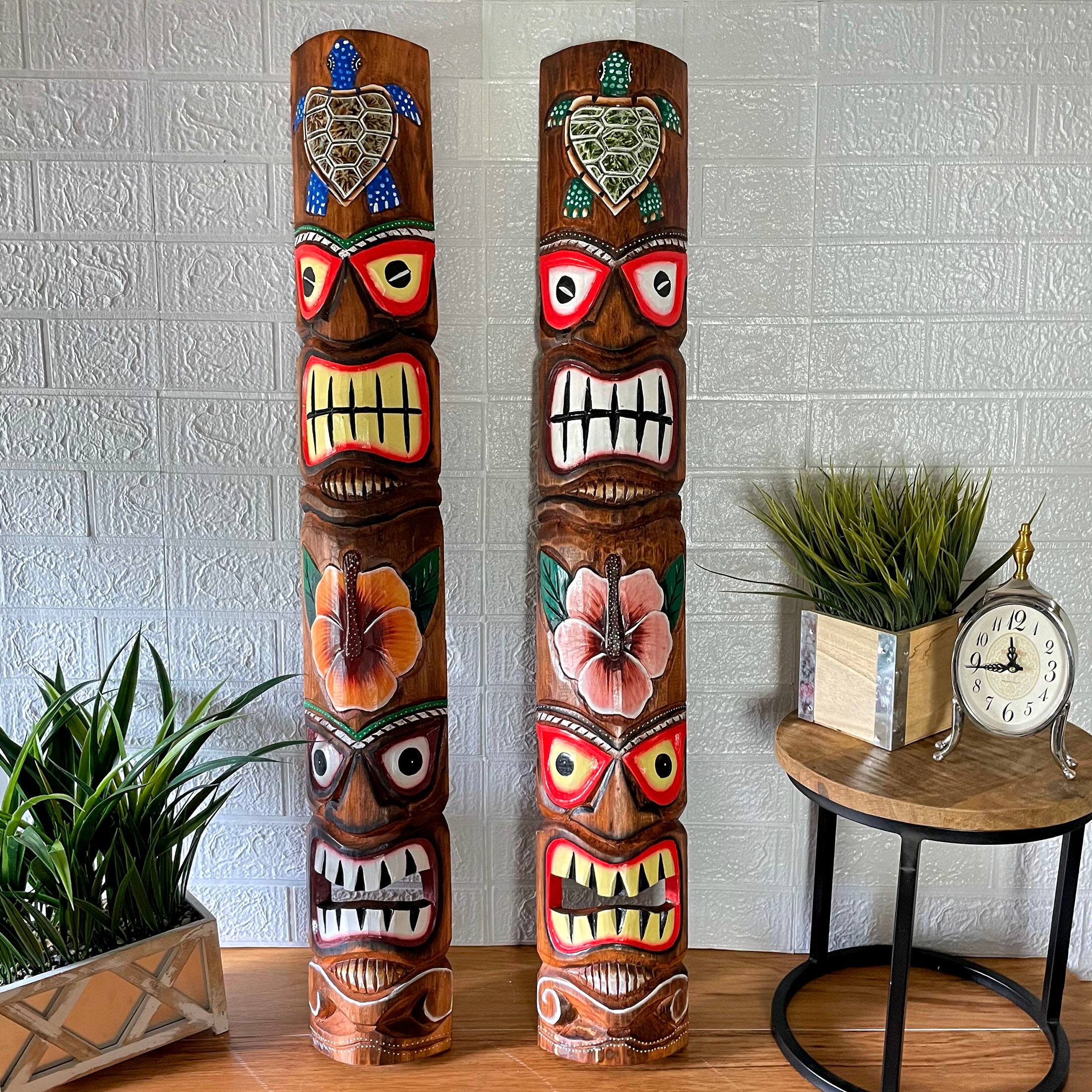 Alt View 3. Chesapeake Bay - Set of 2 Sea Turtle & Plumeria Flower Hand-Carved Wall Decor - Multicolored.