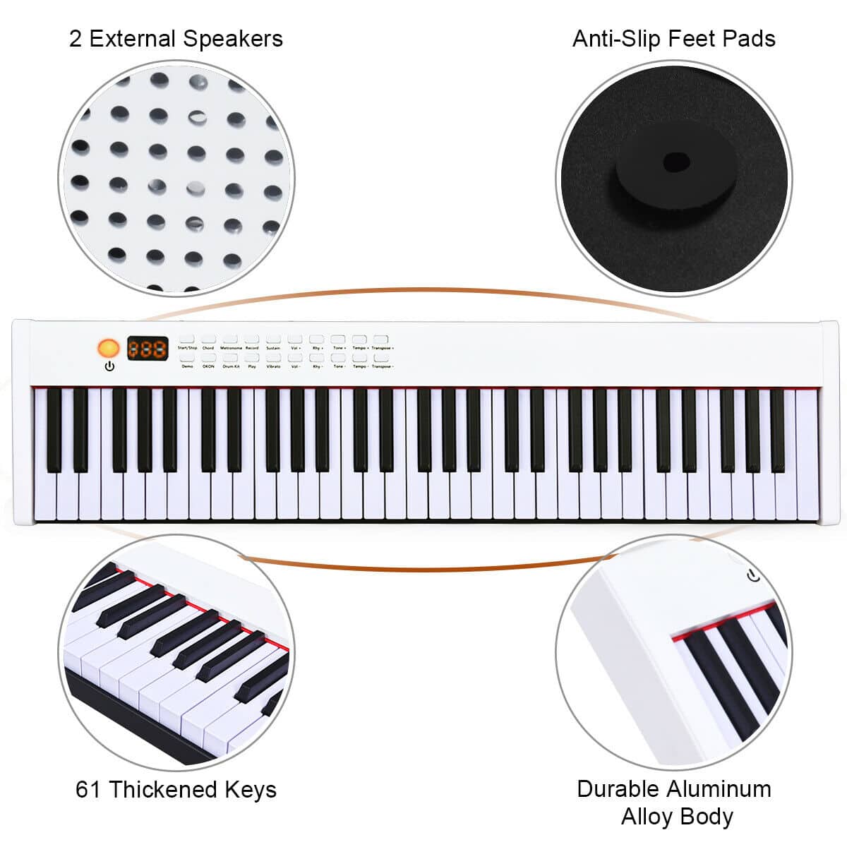 The image features a keyboard with 61 thickened keys, a durable aluminum alloy body, and two external speakers. Additionally, the keyboard has anti-slip feet pads for added stability.
