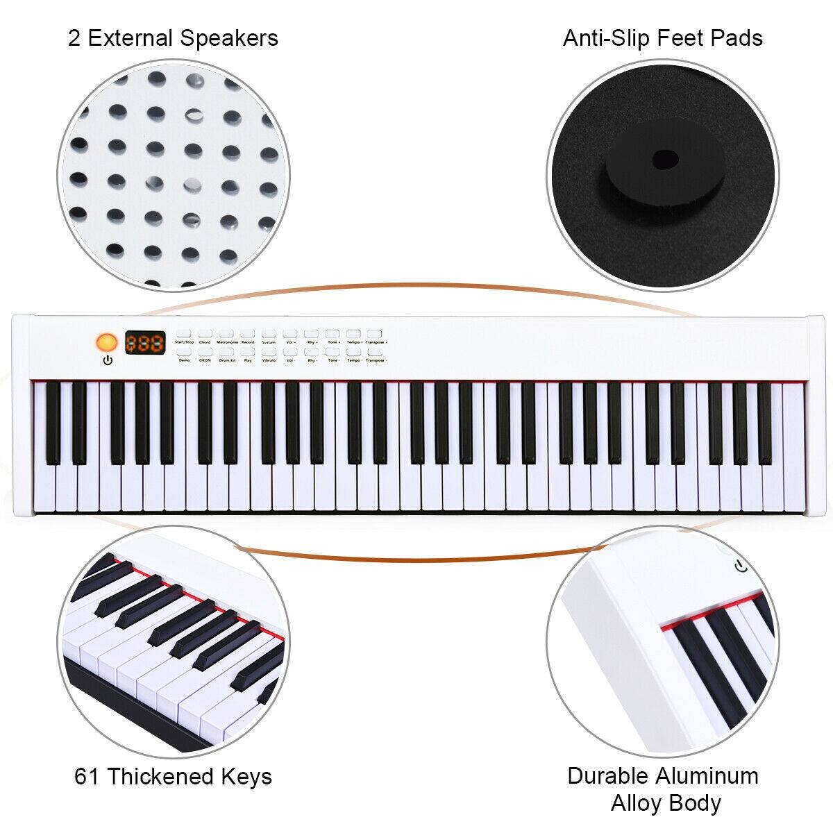 The image features a keyboard with 61 thickened keys, a durable aluminum alloy body, and two external speakers. Additionally, the keyboard has anti-slip feet pads for added stability.
