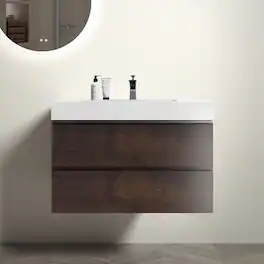 Loheer - 36 inch walnut bathroom vanity wall mounted floating vanity with white sink basin pre-assembled - White+Walnut