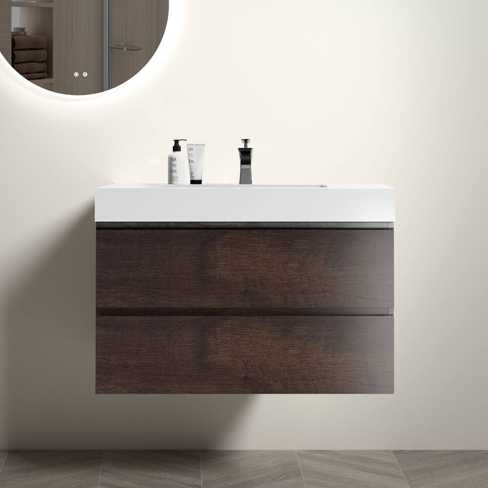 Loheer - 36 inch walnut bathroom vanity wall mounted floating vanity with white sink basin pre-assembled - White+Walnut