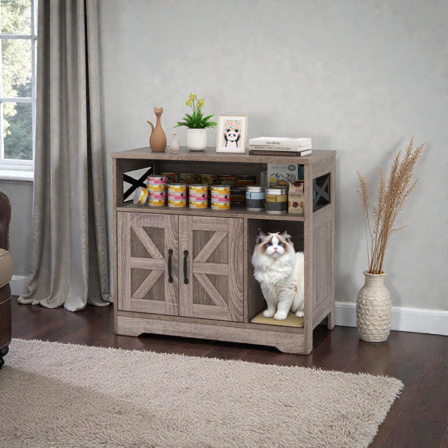 BreeBe - Enclosed Cat Litter House Featuring Hidden Design and Storage Shelf - Gray