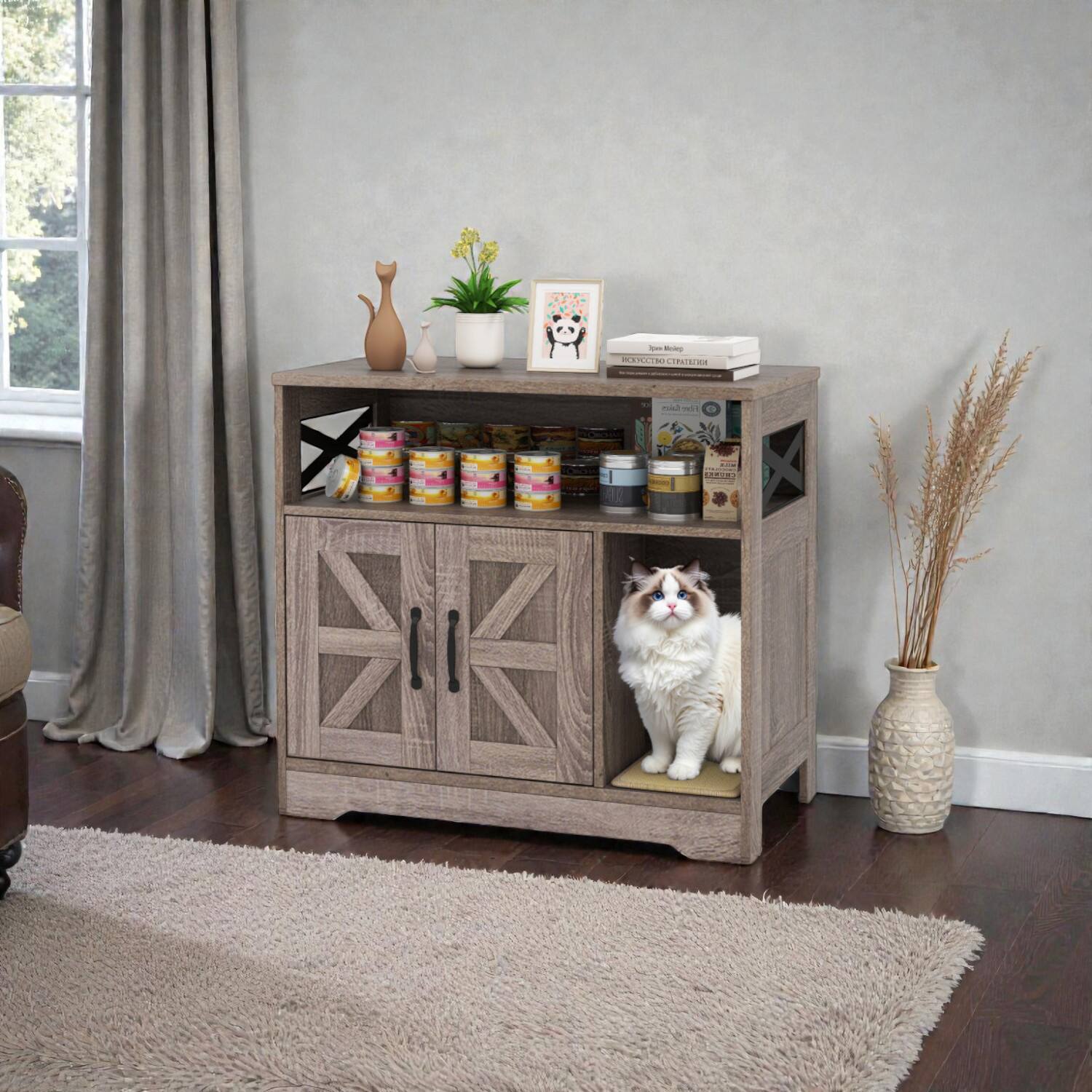 Front. BreeBe - Enclosed Cat Litter House Featuring Hidden Design and Storage Shelf - Grey.