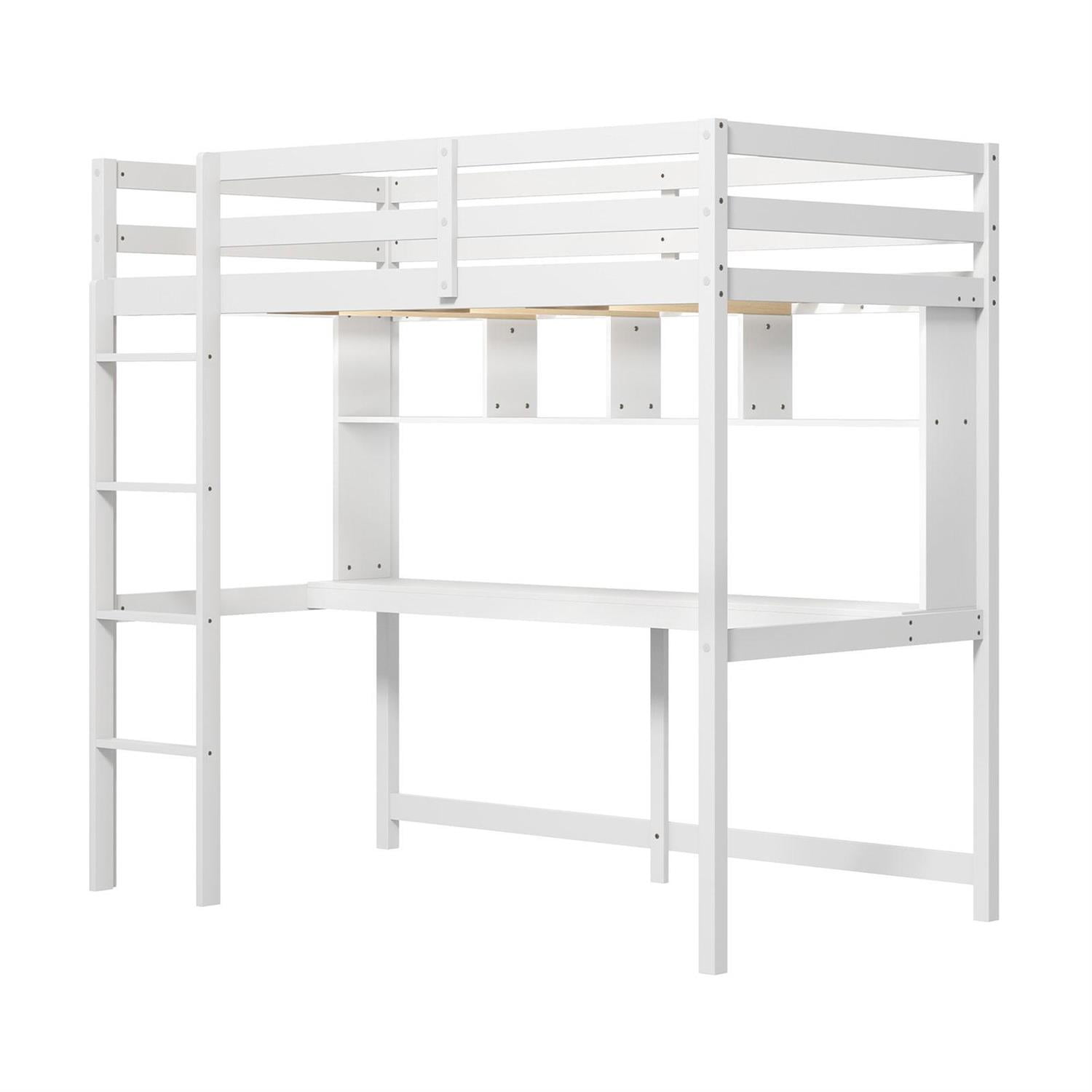 Pefilos - Twin Size Loft Bed, Desk & Floating Shelves, 14 Plywood Slats, Anti-Toppling Kits, 38" Under-Bed Clearance - White