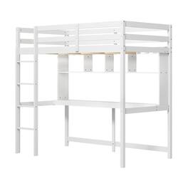 Pefilos - Twin Size Loft Bed, Desk & Floating Shelves, 14 Plywood Slats, Anti-Toppling Kits, 38" Under-Bed Clearance - White