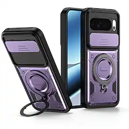 Dteck - For Google Pixel 11 Pro/Google Pixel 11 Shockproof Ring Kickstand Drop Protection Rugged Case Sliding Camera Lens Cover - Purple