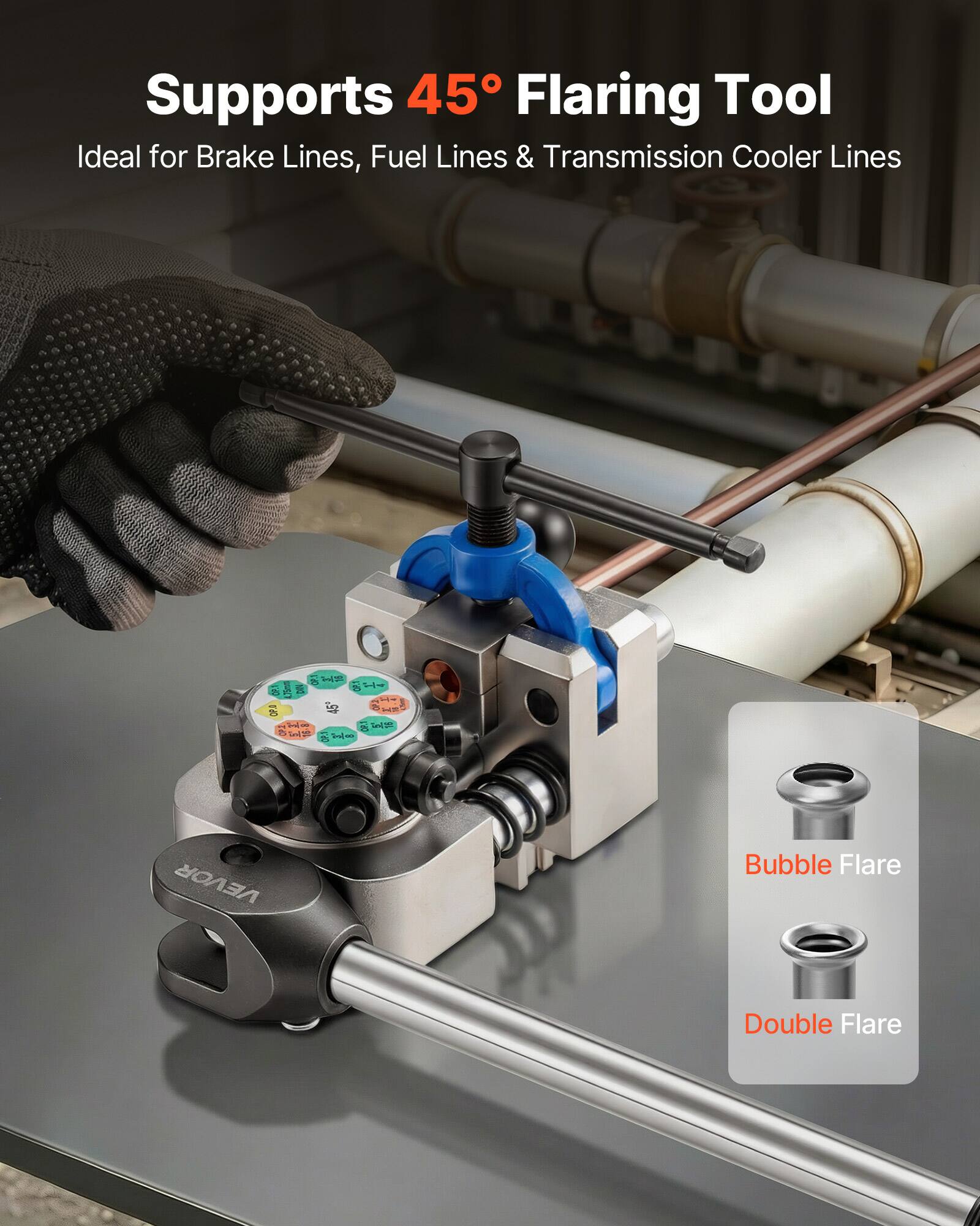 Supports 45° Flaring Tool  
Ideal for Brake Lines, Fuel Lines & Transmission Cooler Lines  

Bubble Flare  
Double Flare