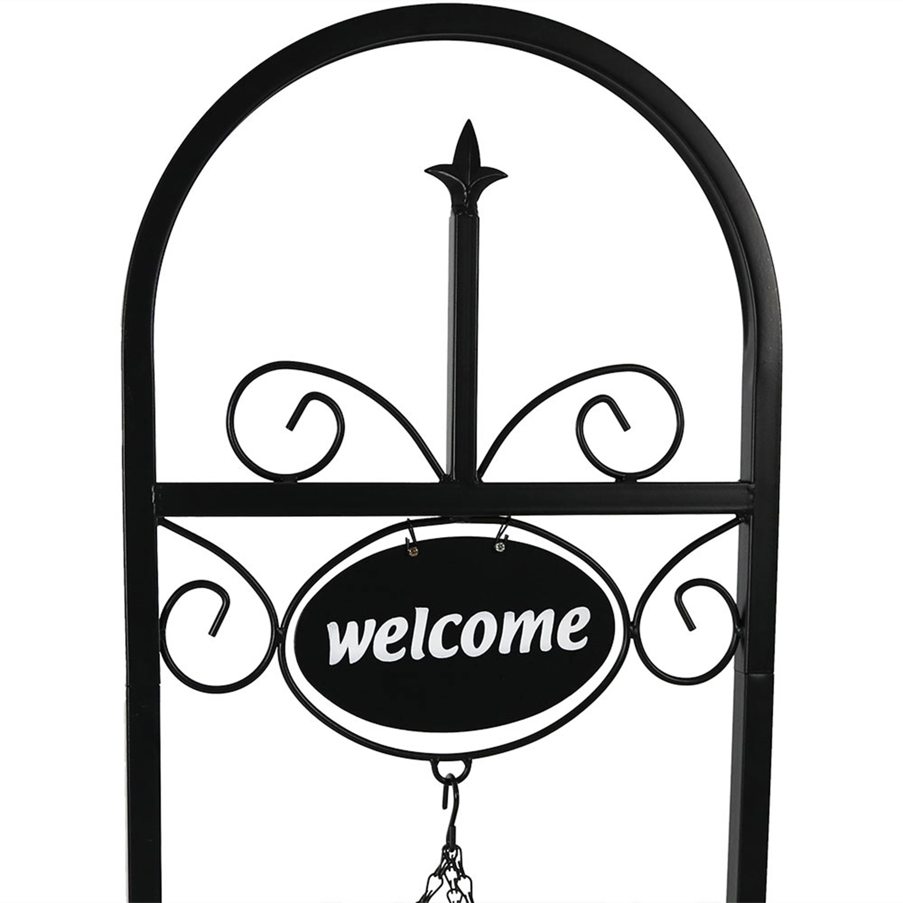 Alt View 5. Sunnydaze - Iron Frame Hanging Basket Planter with Welcome Sign - 48 in - Black.