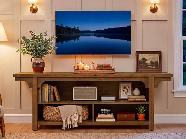 Angle. Tribesigns - 63-Inch Solid Wood TV Stand for 55-70 Inch TVs, Farmhouse Media Console with 3 Open Compartments - Walnut.