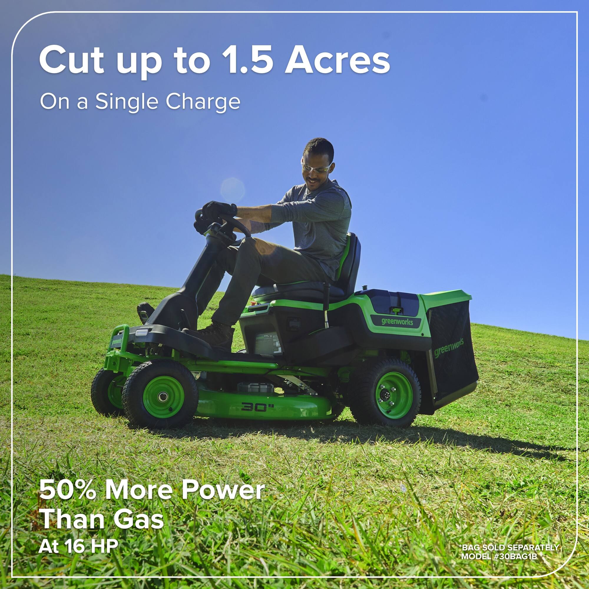 Cut up to 1.5 Acres On a Single Charge  
greenworks  
50% More Power Than Gas At 16 HP  
BAG SOLD SEPARATELY  
MODEL #30BAG1B