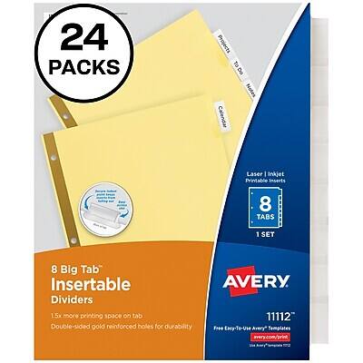 24 PACKS

8 Big Tab Insertable Dividers

Laser or Inkjet Printable Inserts

8 TABS 1 SET

1.5x more printing space on tab

Double-sided gold reinforced holes for durability

AVERY

11112

Free Easy-to-Use Avery Templates
avery.com/print